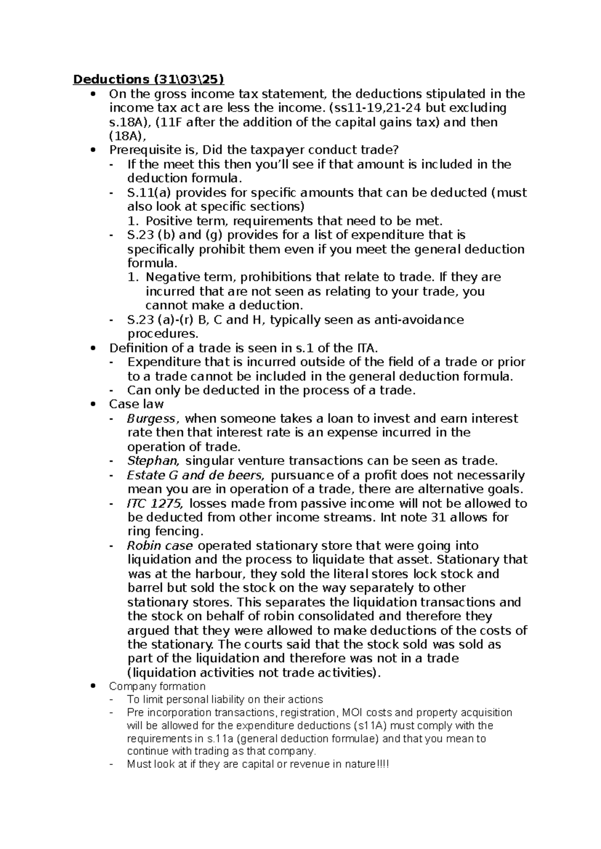 Deductions in Tax Law: Summary of Key Provisions (31:03:25) - Studocu