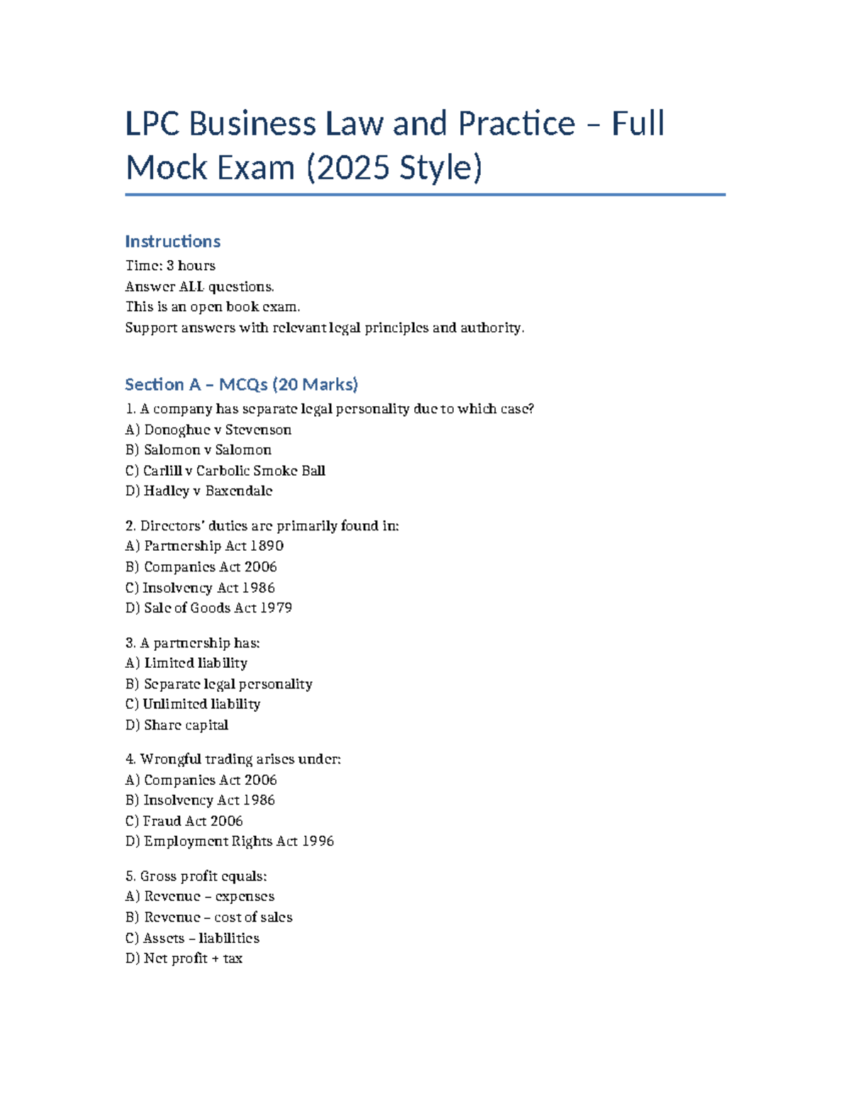 LPC BLP Full Mock Exam - 2025 Style Practice Questions - Studocu