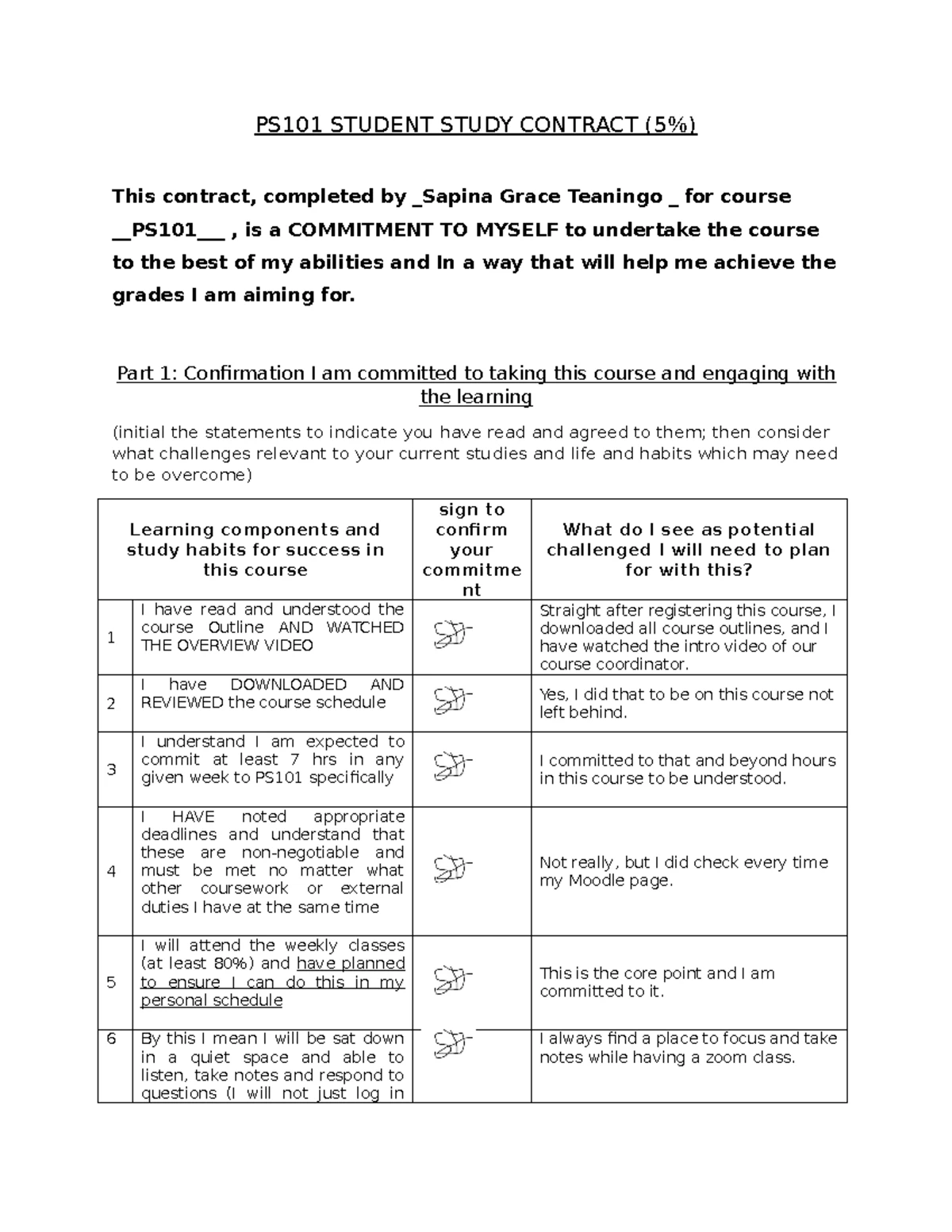PS101 Study Contract Assignment for Academic Commitment - Studocu