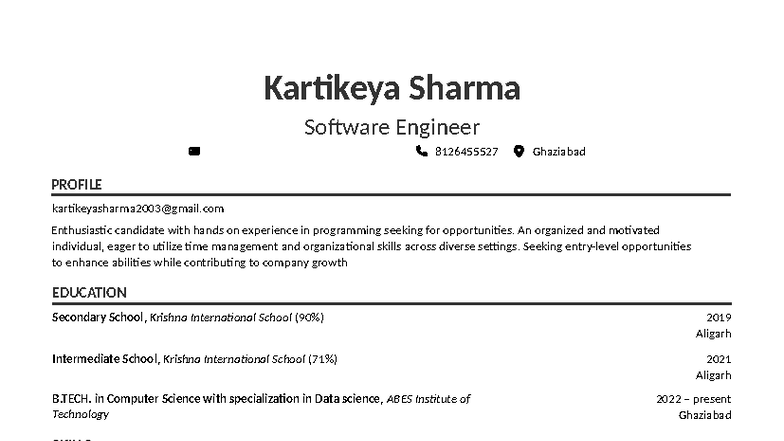 Kartikeya Sharma - Software Engineer Resume (B.Tech in CS) - Studocu