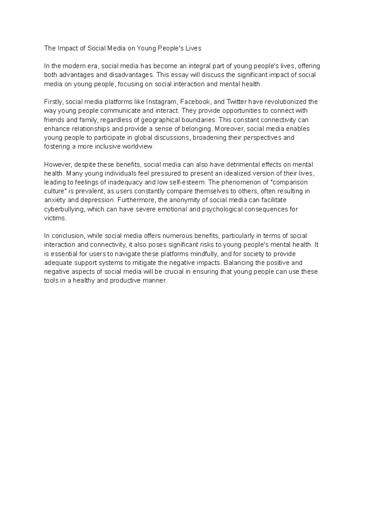 C1 Advanced Writing: Essay on Social Media's Impact on Youth - Studocu