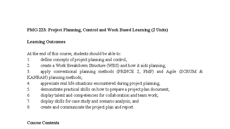 PMG 223: Project Planning & Control Course Overview and Outcomes - Studocu