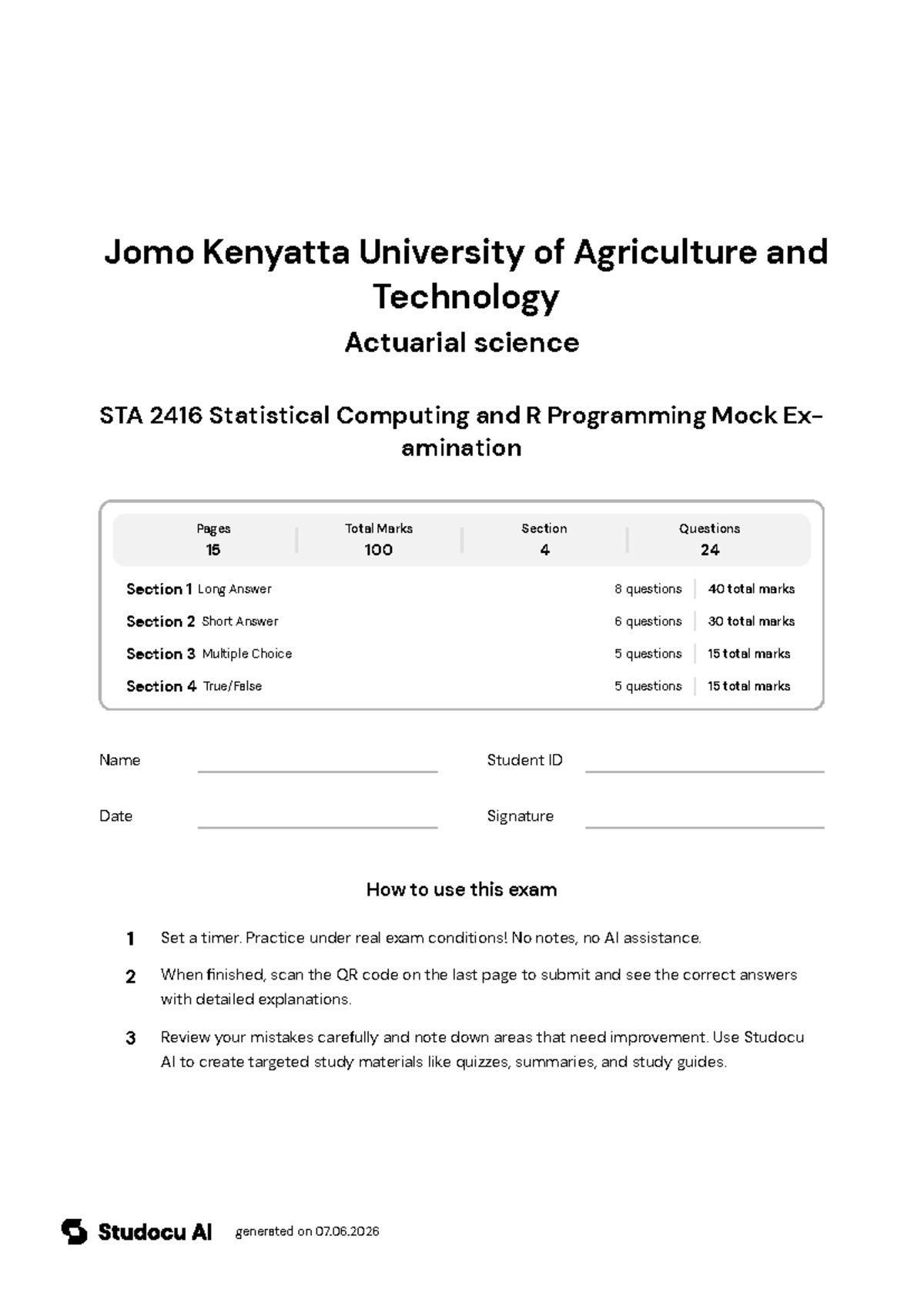 STA 2416 Mock Exam: Statistical Computing & R Programming - Studocu