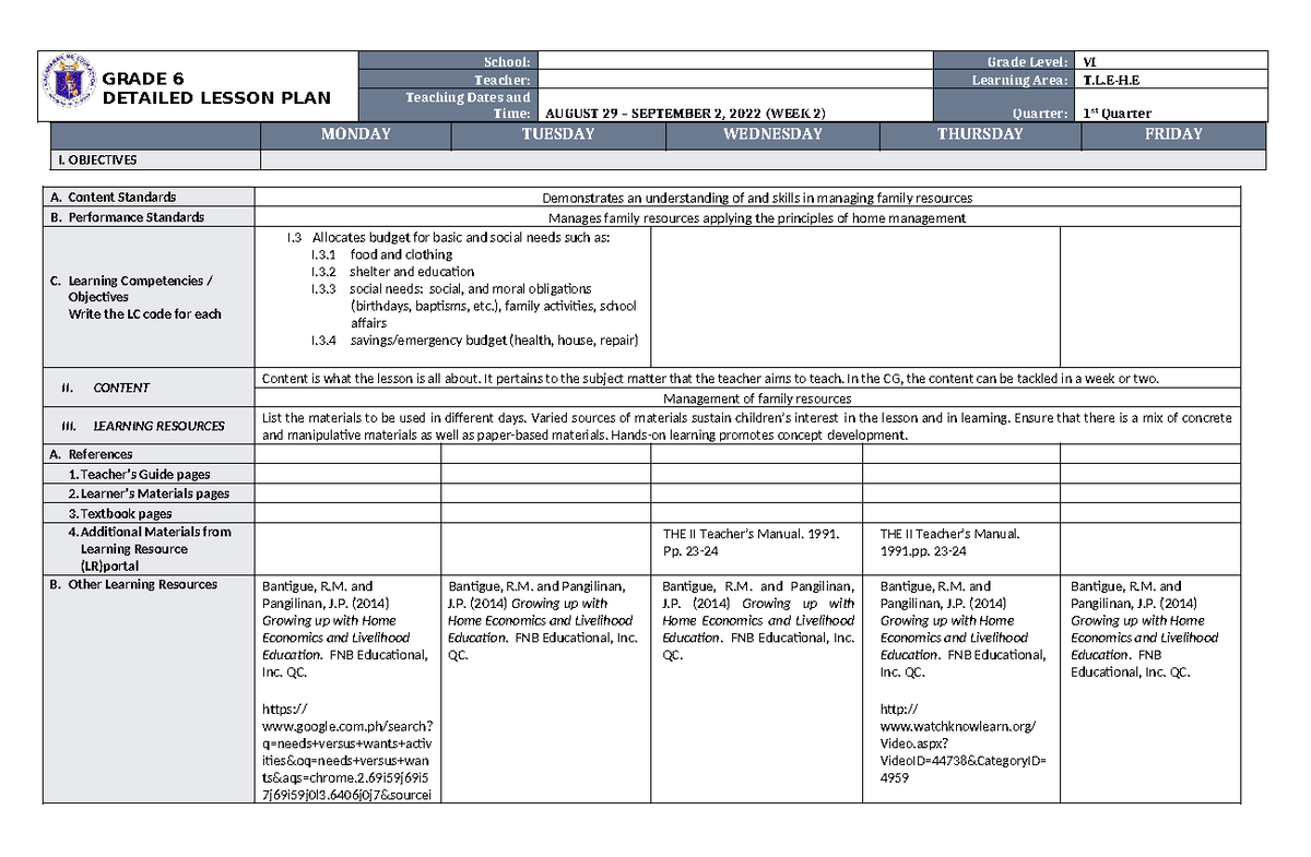 DLL TLE-HE 6 Q1 W2: Detailed Lesson Plan for Family Budgeting - Studocu