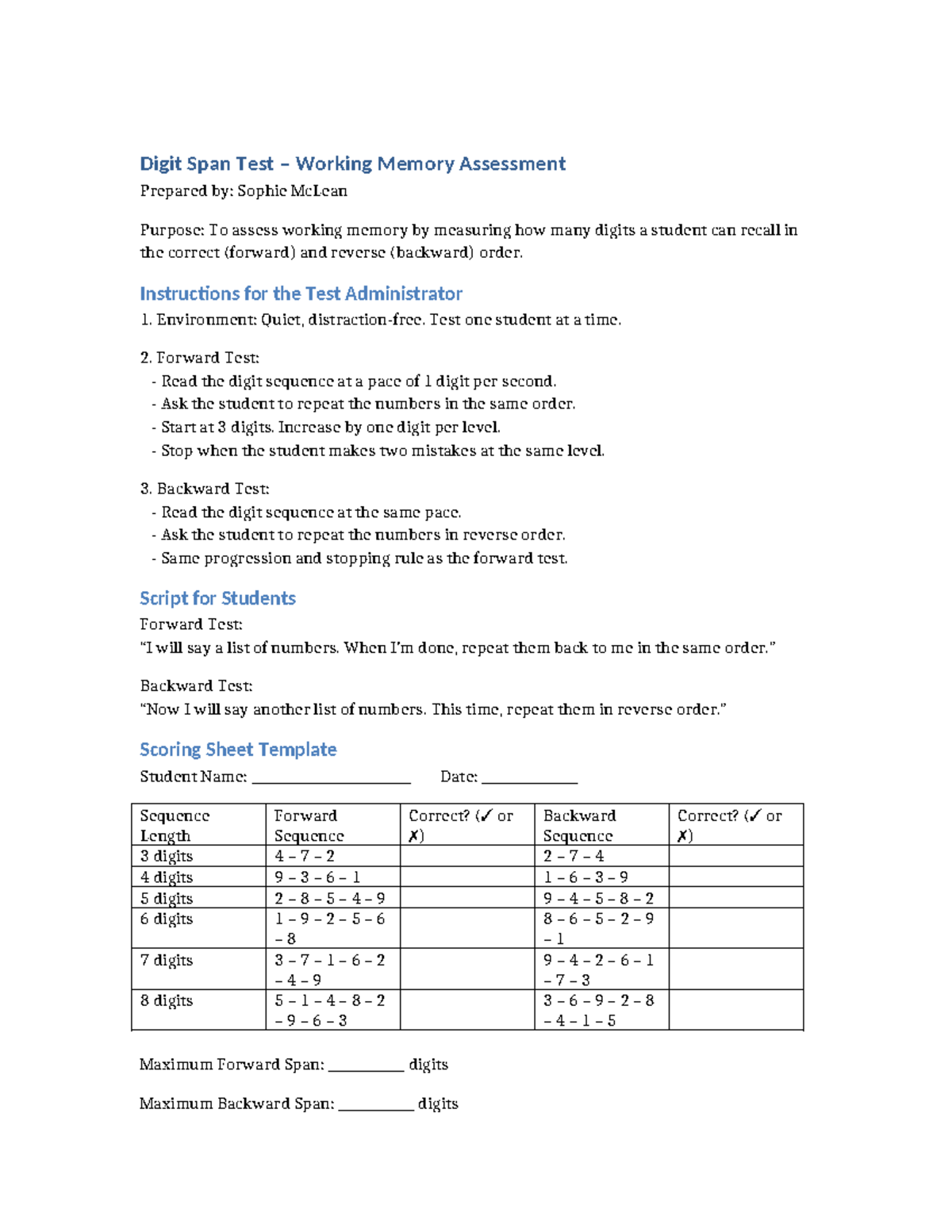 Digit Span Test (WM Assessment) - Admin Instructions & Scoring - Studocu