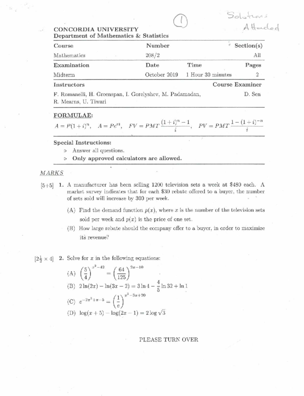 Math 208 Midterm Exam Solutions - October 2019 - Studocu