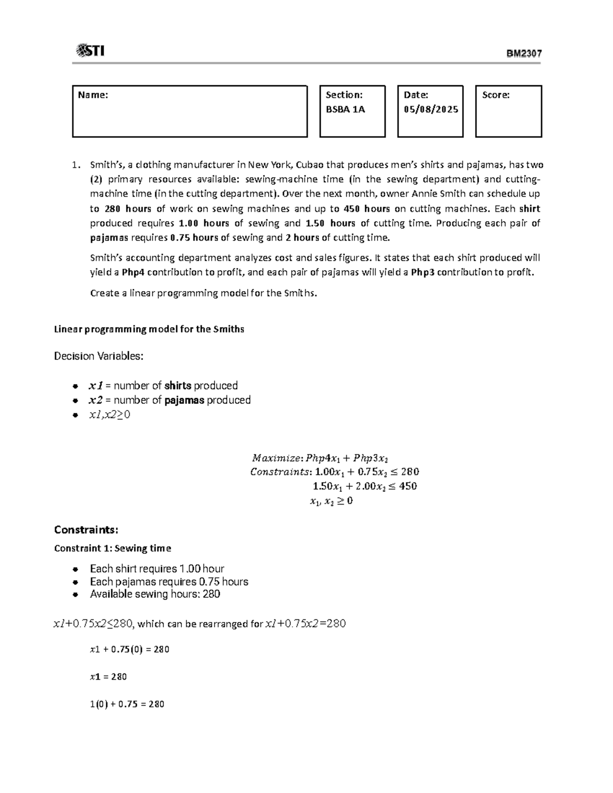Linear Programming Model for BSBA 1A: Maximizing Profit in Clothing ...