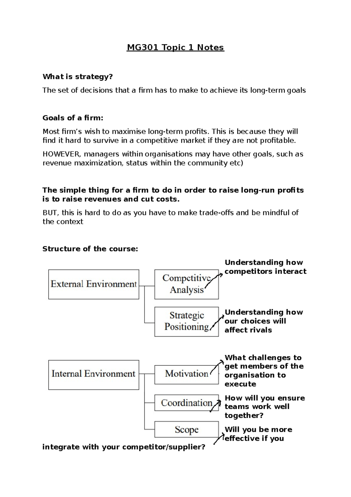 Topic One Notes - MG301 Topic 1 Notes What is strategy? The set of ...