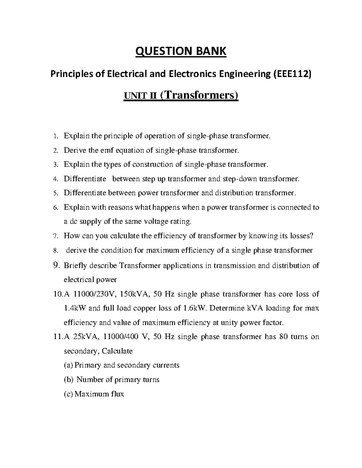 QUESTION BANK EE 101: Transformers Principles and Applications - Studocu