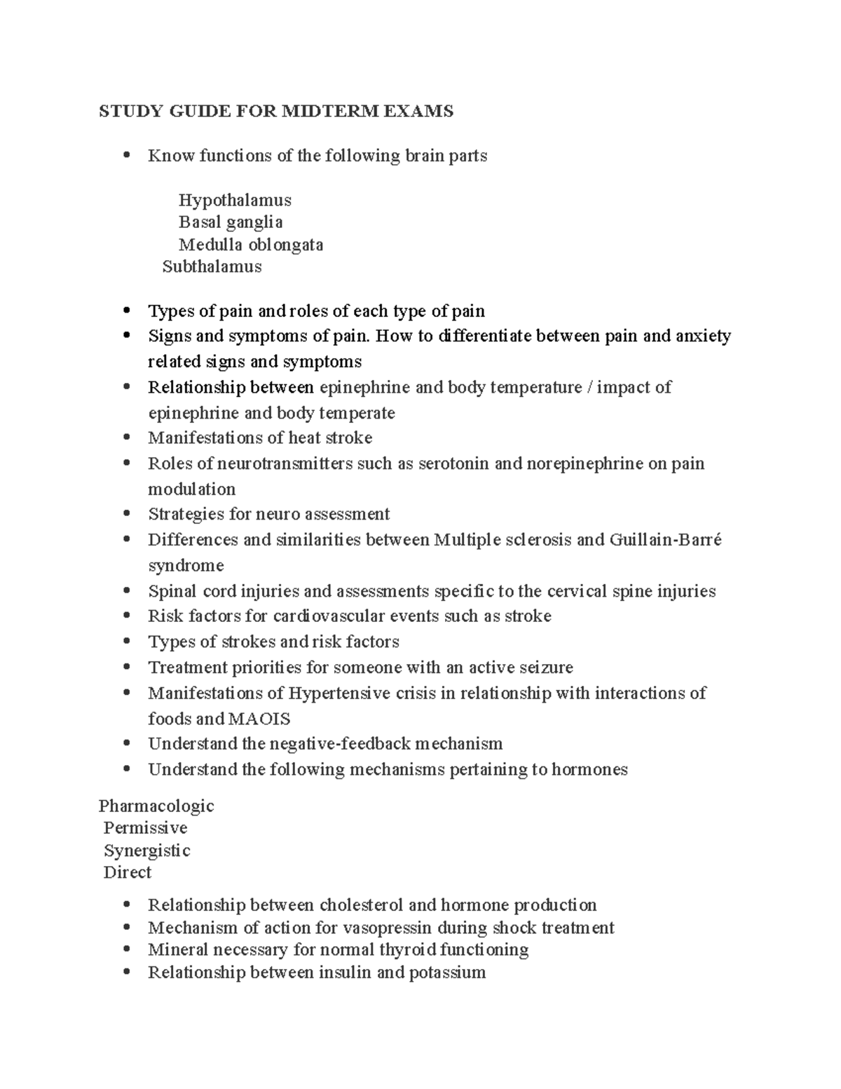 Midterm Exam Study Guide 428: Brain Functions, Pain, and Hormonal ...