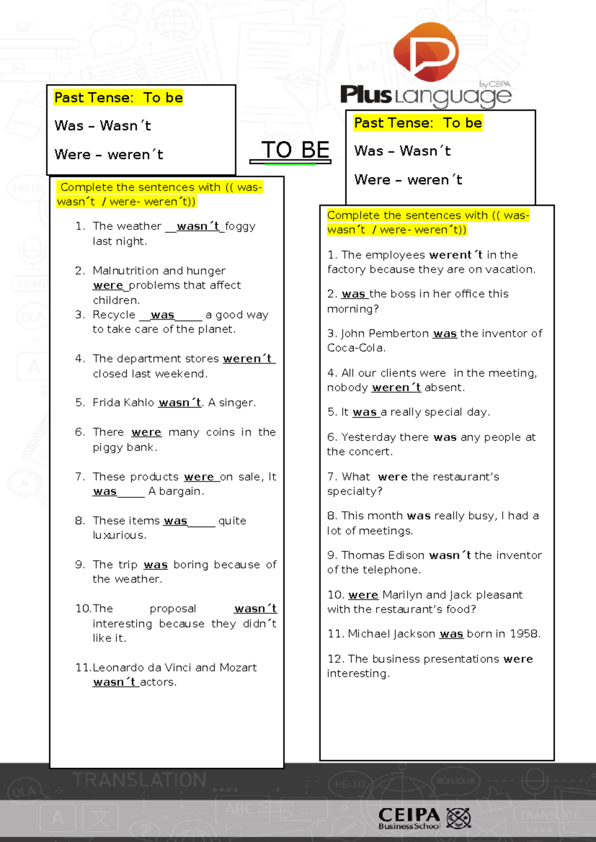 N3 Activity TO BE IN PAST Follow-UP 1 - TO BE Past Tense: To be Was ...