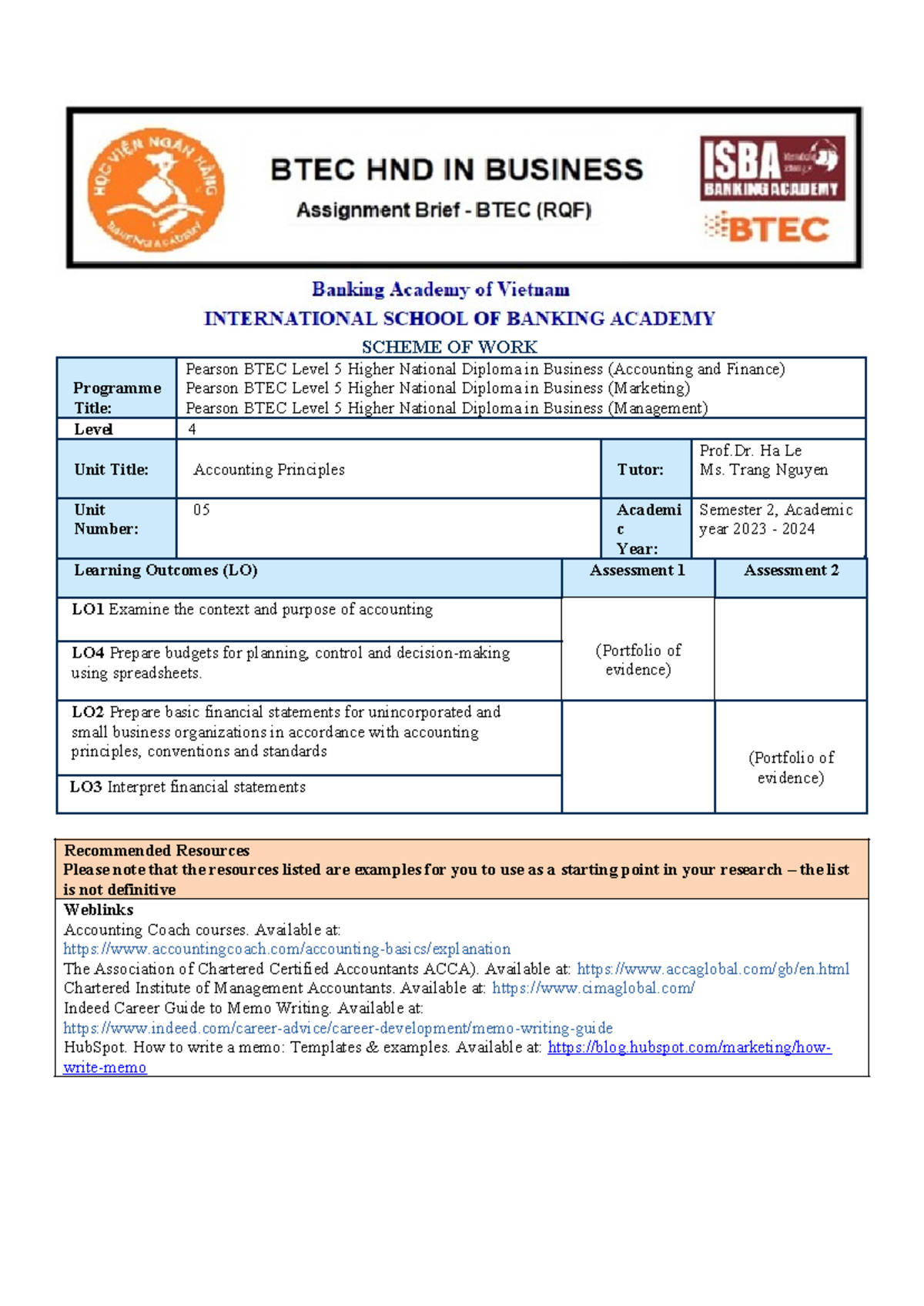 Unit 5 Scheme of Work for AP BTEC HND in Business 2024 - Studocu