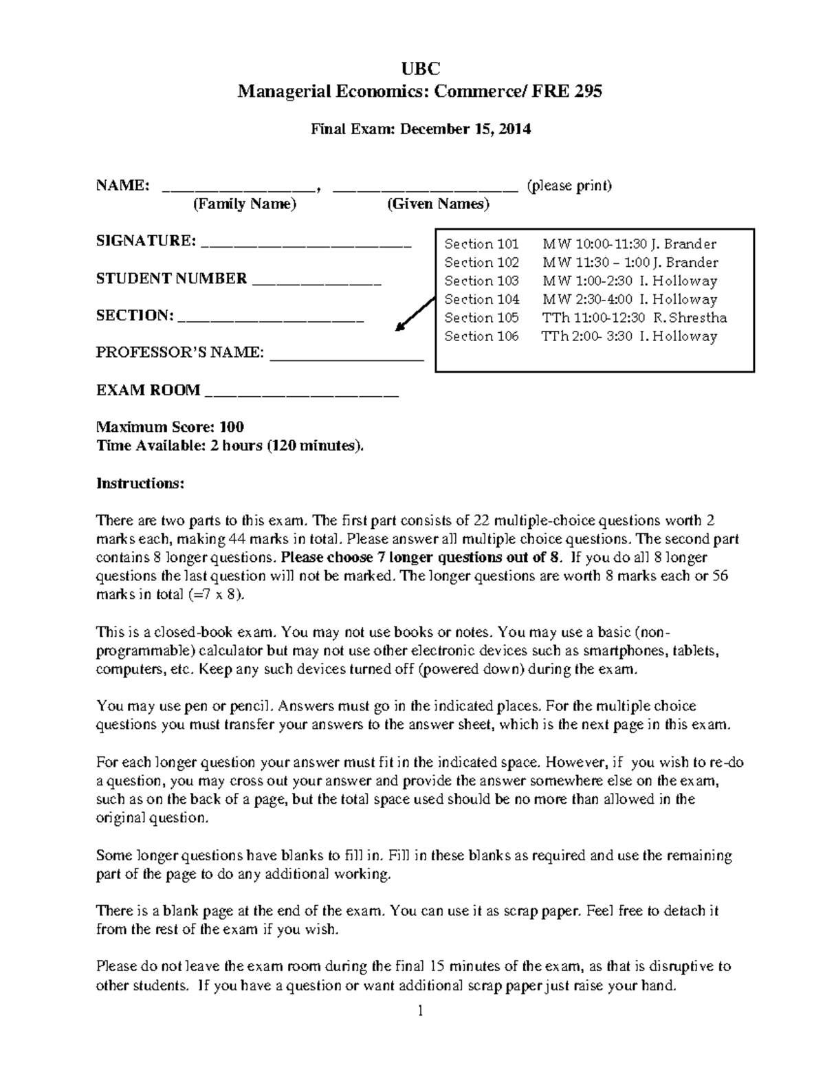 Final Exam 2014 - Practice exam - UBC Managerial Economics: Commerce ...