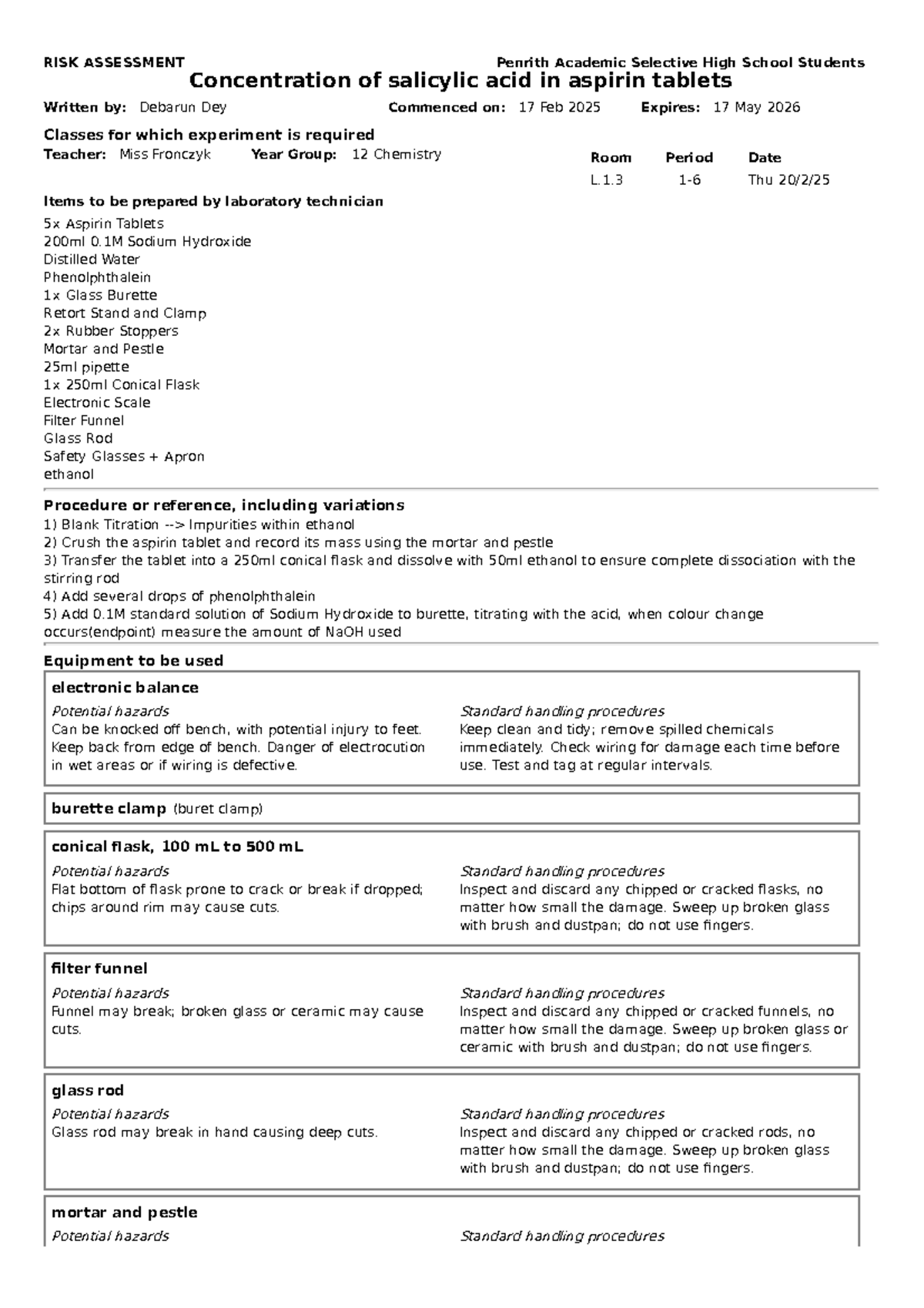 RISK ASSESSMENT: Salicylic Acid Concentration in Aspirin Tablets - Year ...
