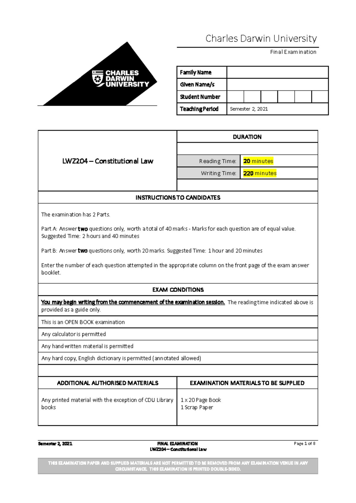 Final Exam LWZ204 Constitutional Law - Semester 2, 2021 - Studocu