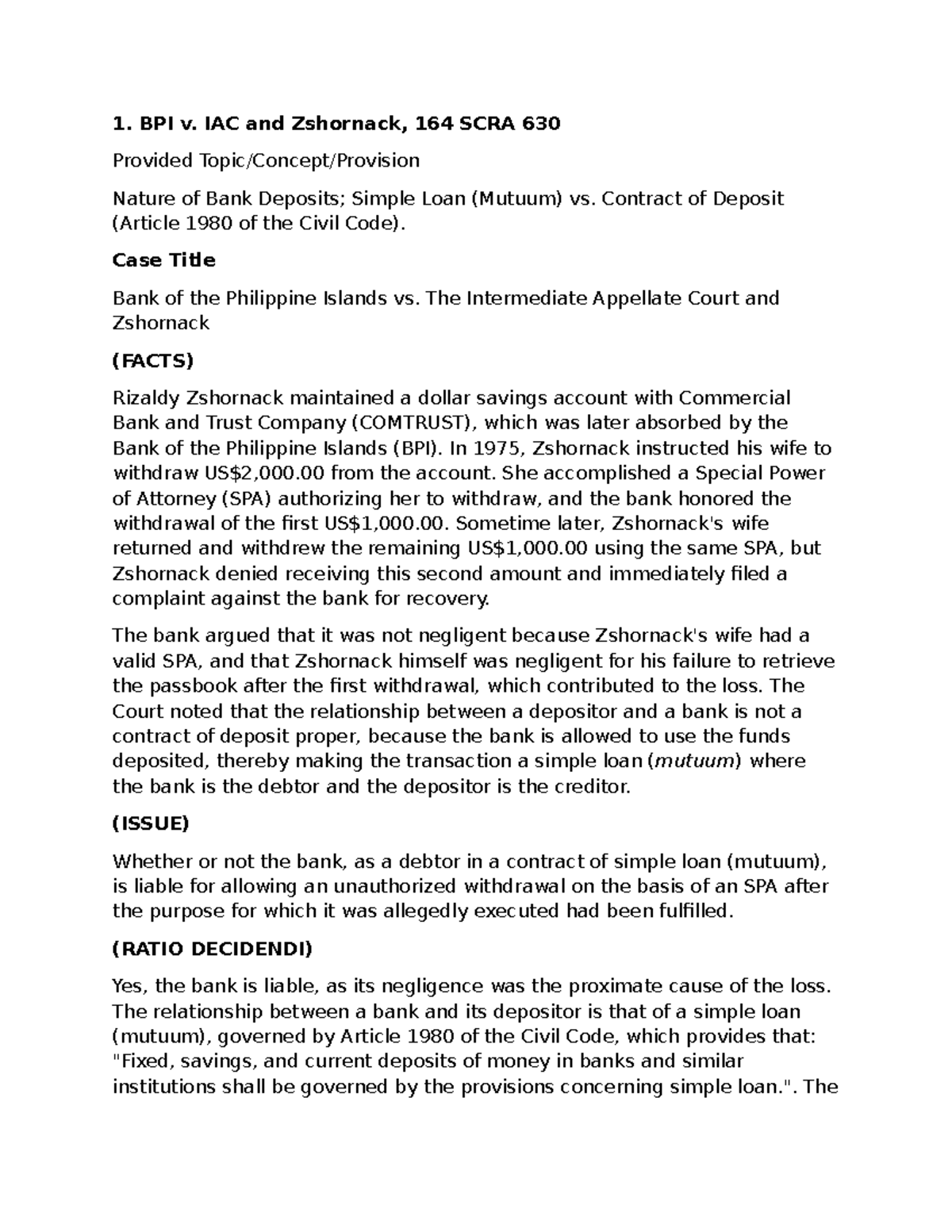 Commercial Law Case Digest 2: BPI v. IAC & Zshornack, CA v. CA Security ...
