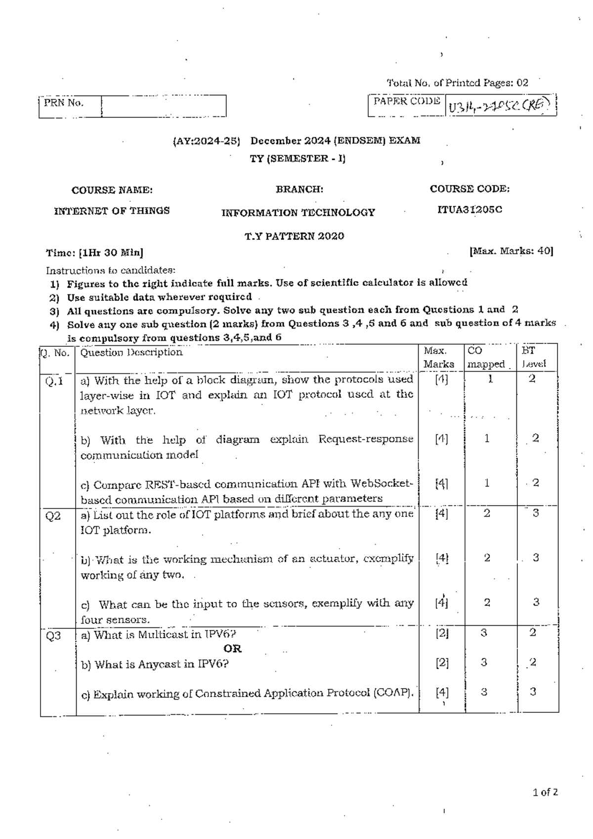 ITUA31205C Internet of Things Sem I End Sem Exam Pattern 2020 - Studocu