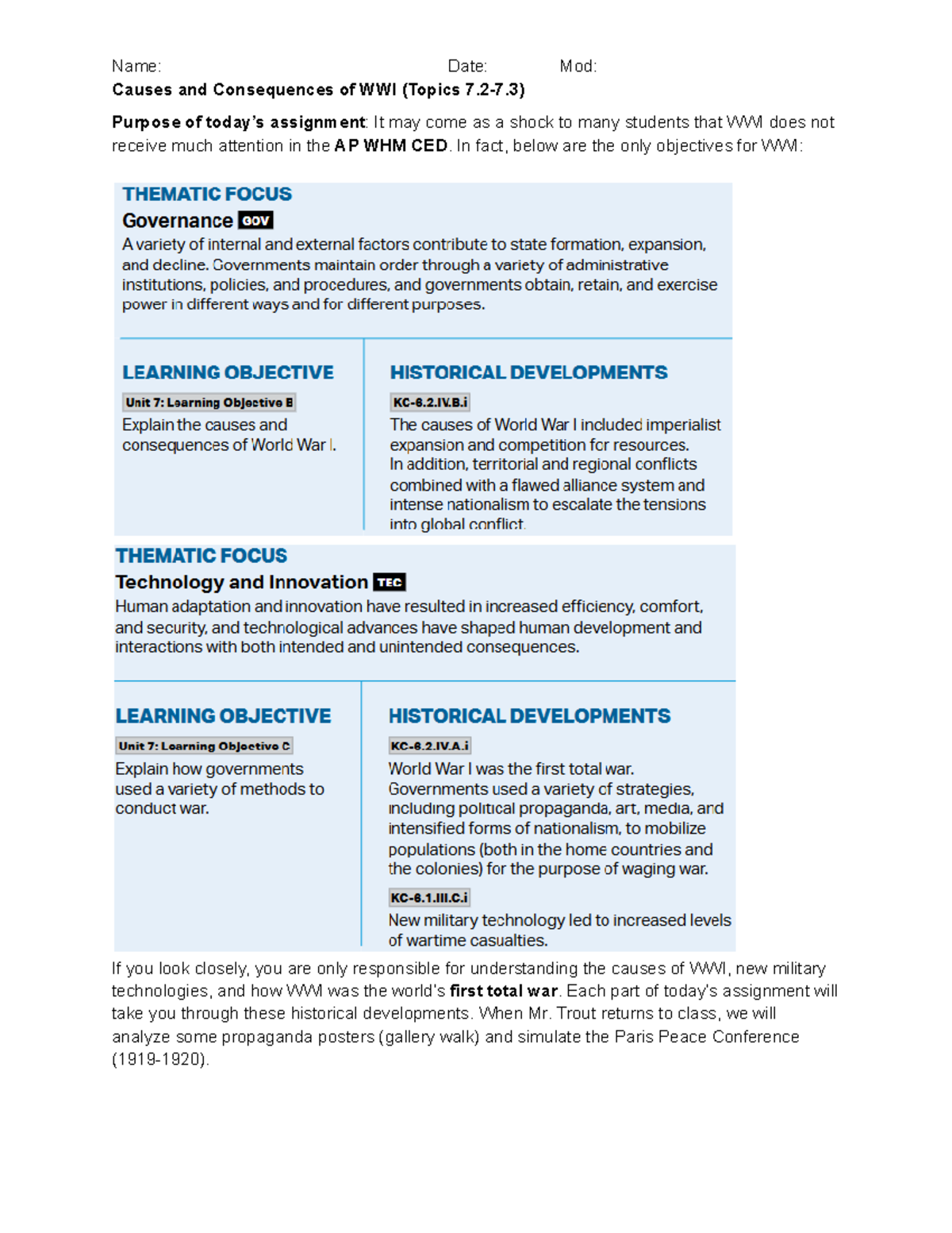 Causes and Consequences of WWI (WHM 101) - Study Notes - Studocu