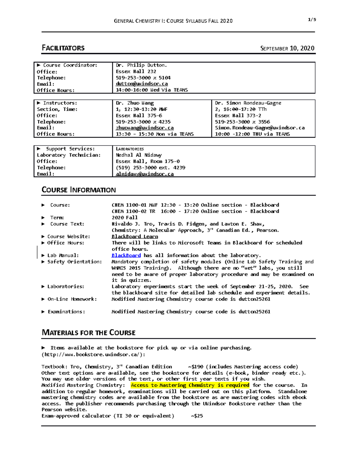 CHEM 1100 General Chemistry I Course Outline & Syllabus - Fall 2020 ...