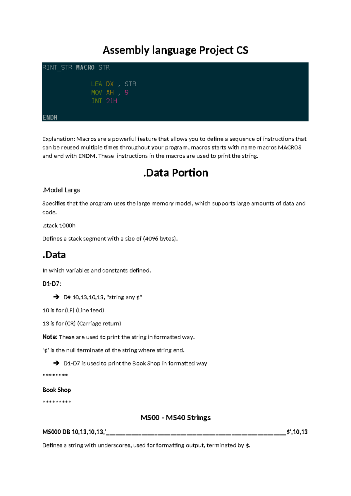 Assembly Language Project: String Handling and User Input in CS - Studocu