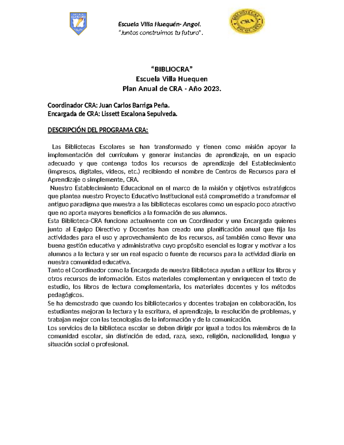 Plan Anual CRA Escuela Villa Huequen 2023: Un Futuro Juntos - Document Preview