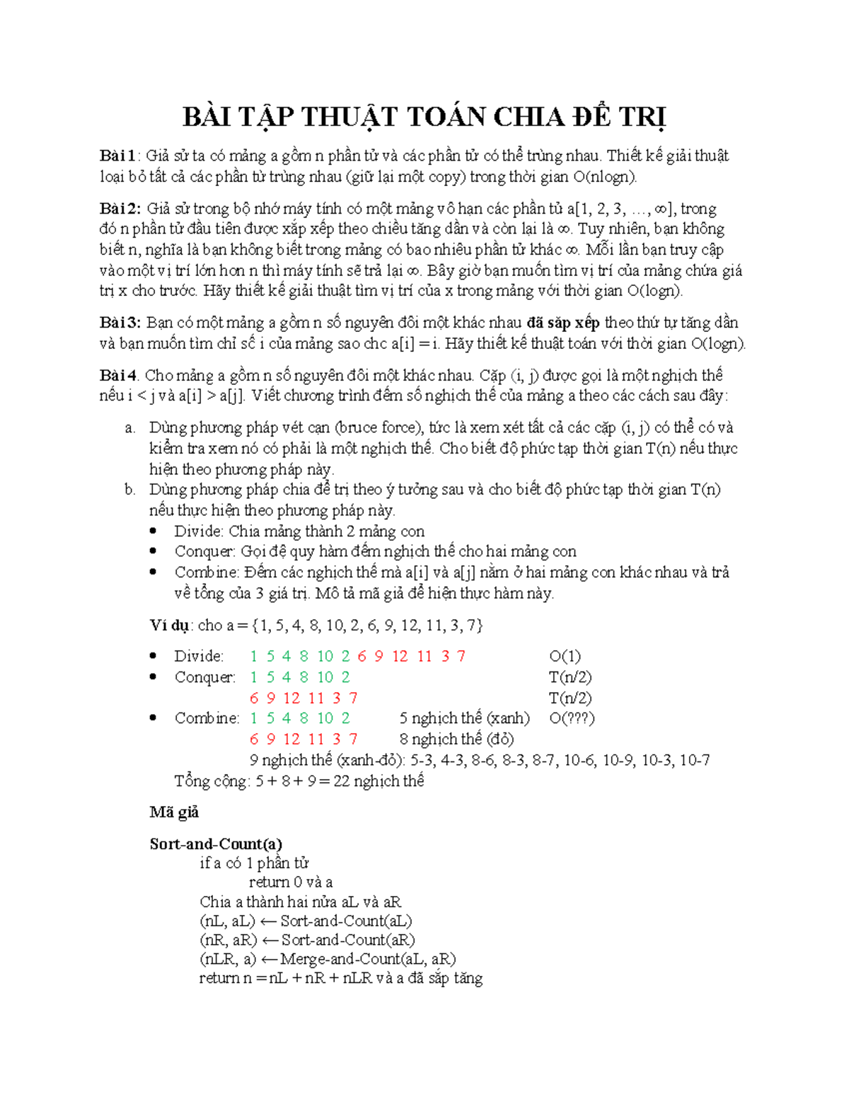 Divide-and-Conquer Exercises - BÀI TẬP THUẬT TOÁN CHIA ĐỂ TRỊ Bài 1 ...