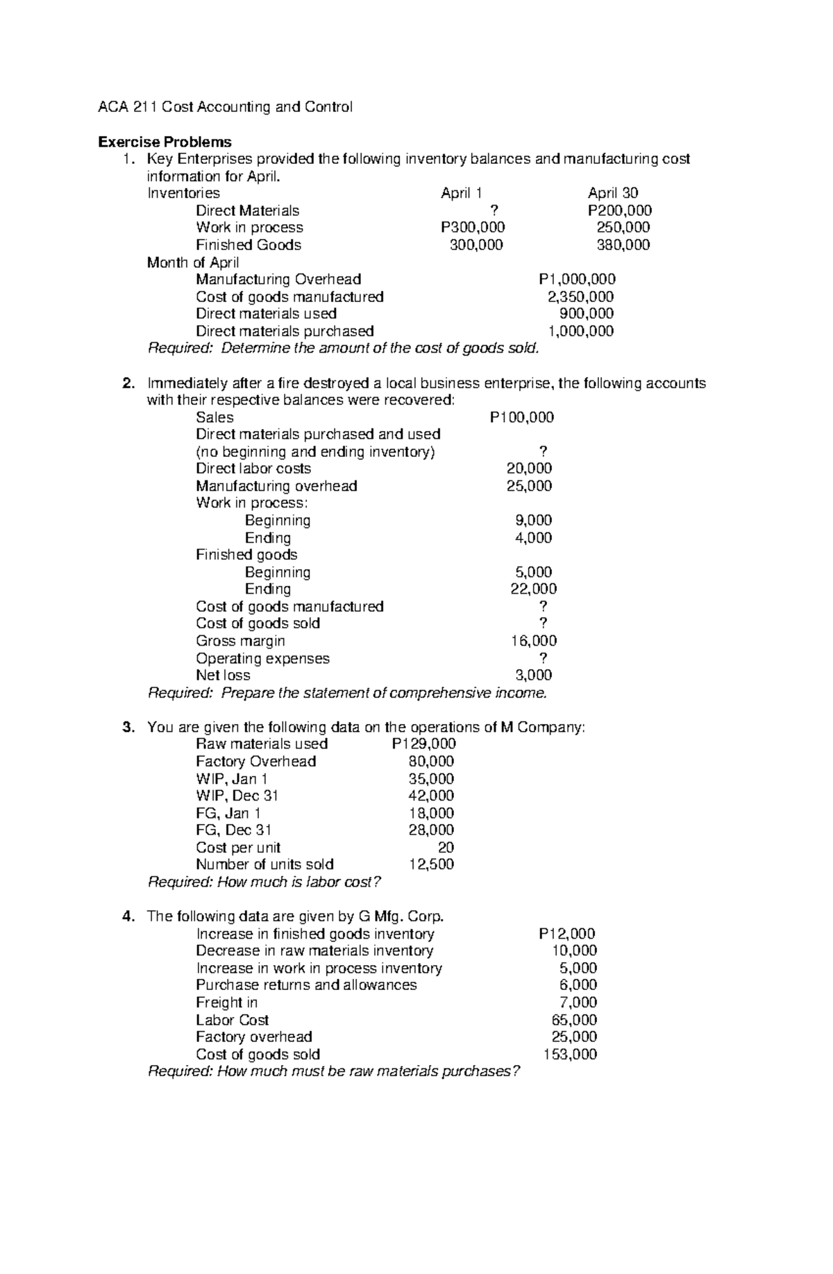 ACA 211 Cost Accounting Exercise Problems and Solutions - Studocu