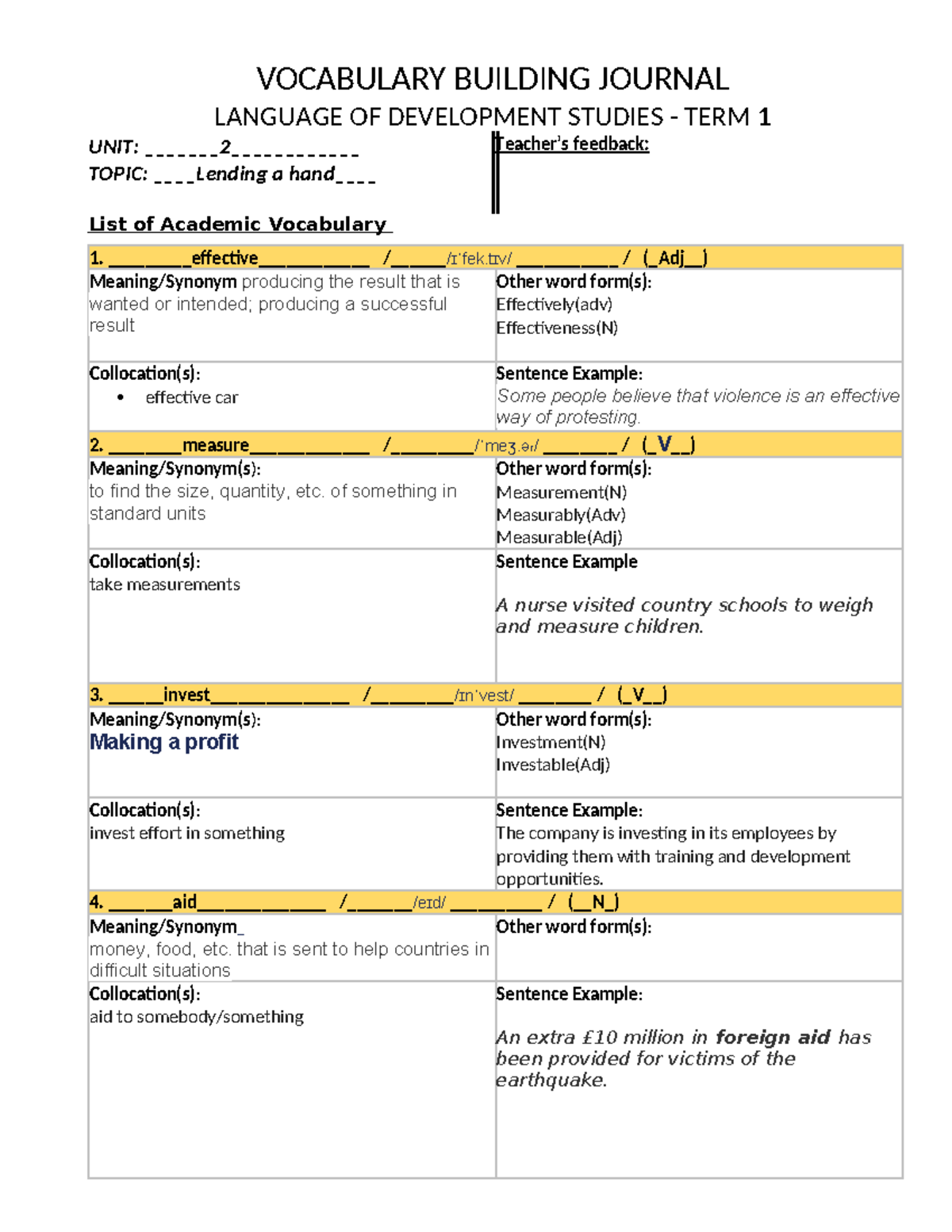 Academic Vocabulary List for LSP Development Studies Term 1 - Studocu