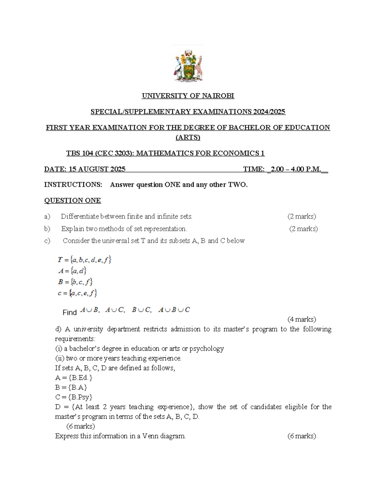 TBS 104: Mathematics for Economics 1 - Exam Practice Notes - Studocu