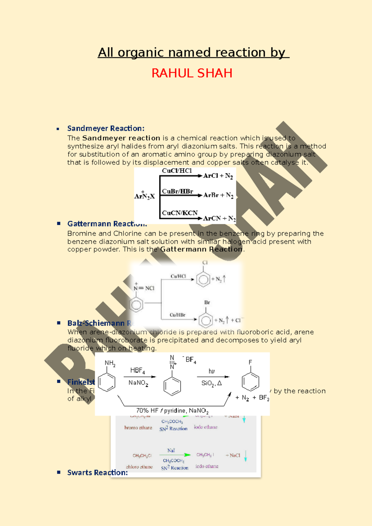 Organic Named Reactions: Sandmeyer & Others - Notes - Studocu