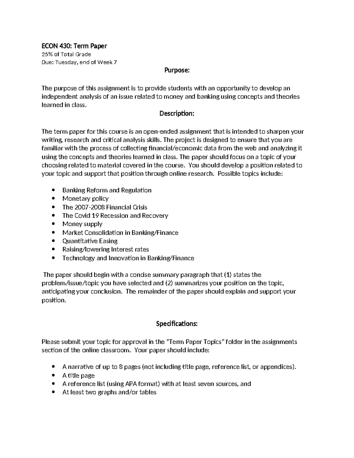 Econ 430 Term Paper Guidelines (Rev. 9/23): Money & Banking Analysis ...