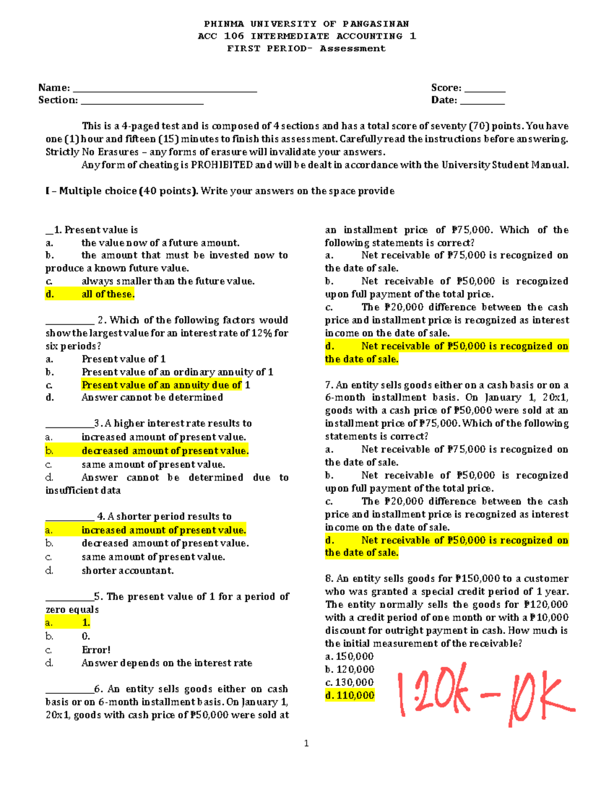 ACC106 P1 Intermediate Accounting 1 First Period Assessment Answers ...