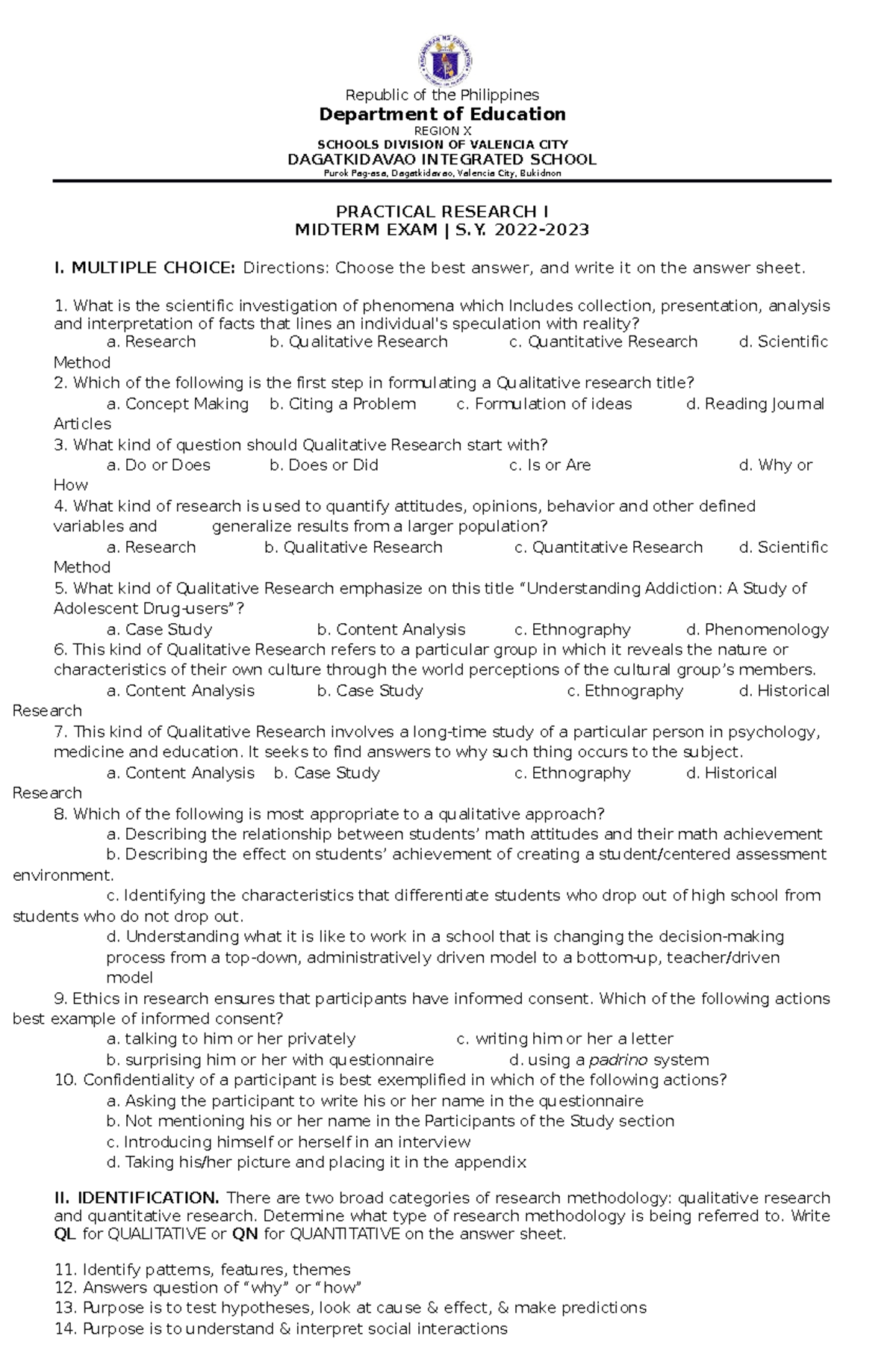 Practical Research 1 Midterm Exam Questions and Answers 2023 - Studocu