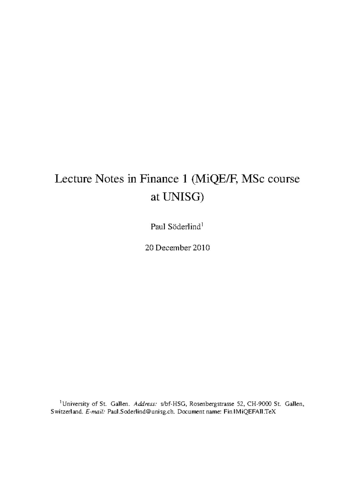 Lecture Notes for Finance 1 (MSc) at UNISG - December 2010 - Studocu