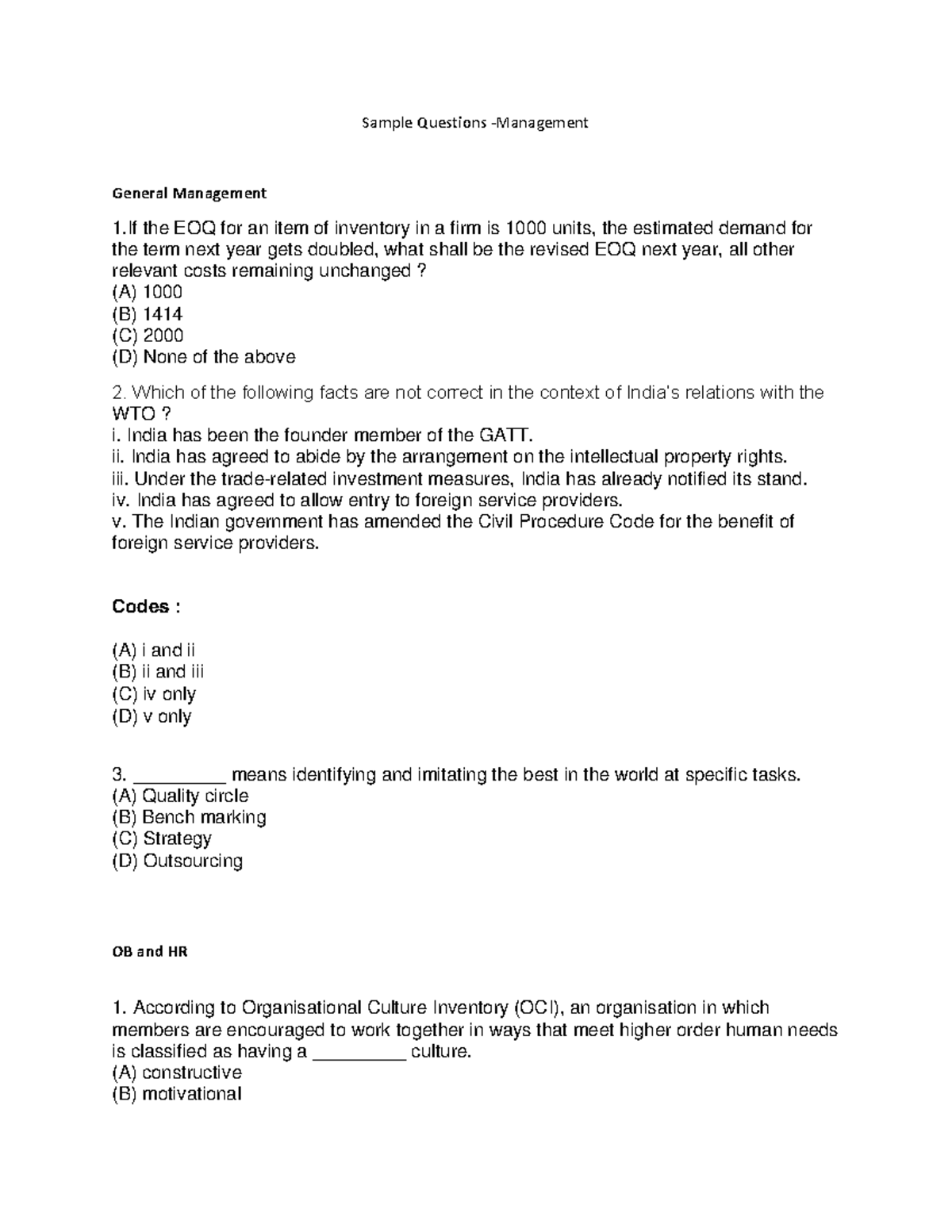 Sample Questions for General Management (GM 101) Exam Prep - Studocu