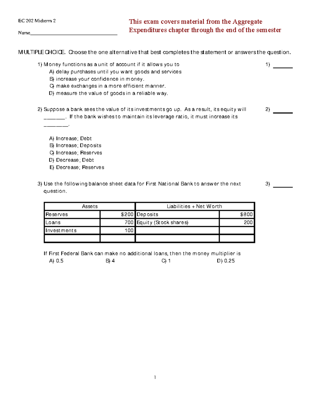 EC 202 Midterm 2 - Practice Exam Questions from Second Half of the ...