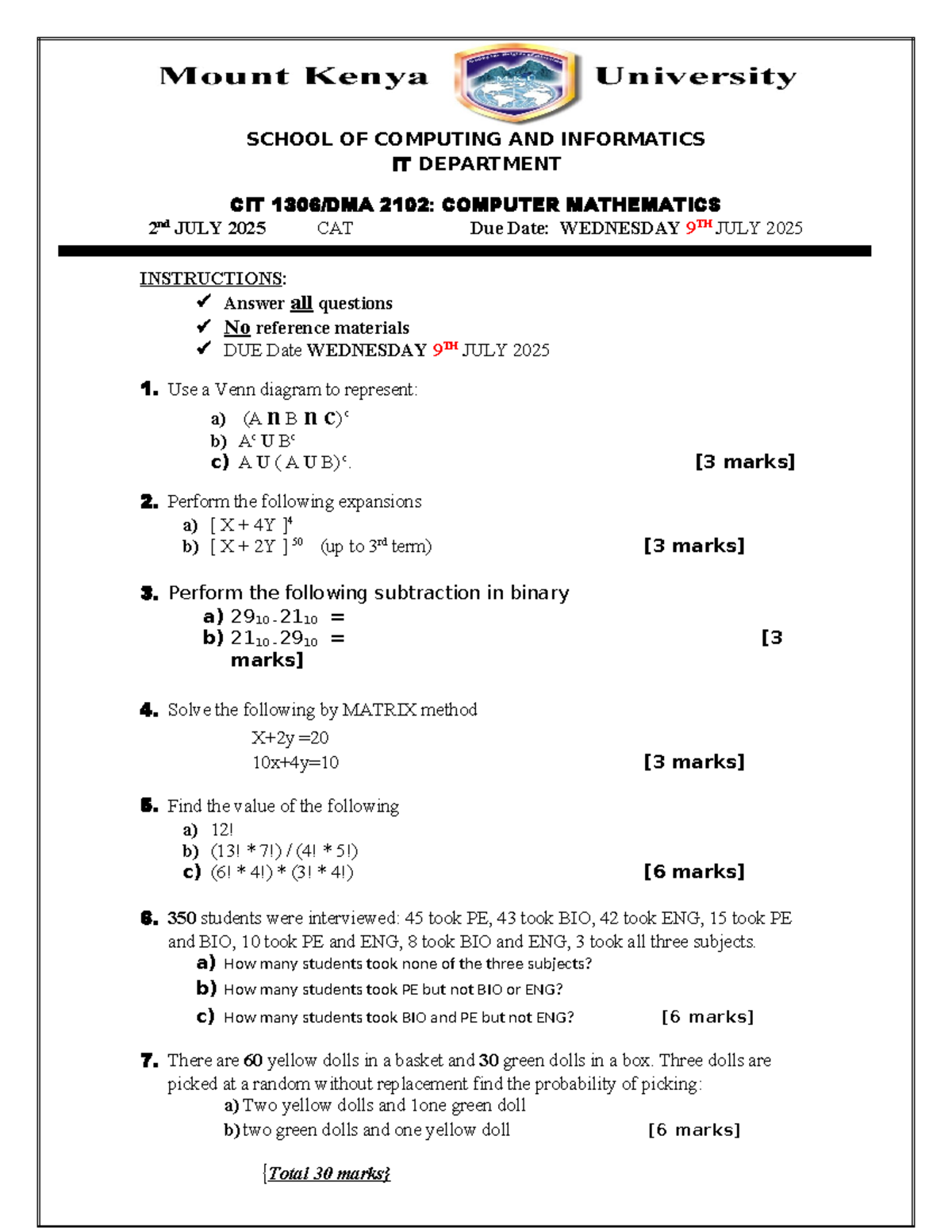 CIT 2102: Computer Mathematics 2 July 2025 CAT Exam Guide - Studocu