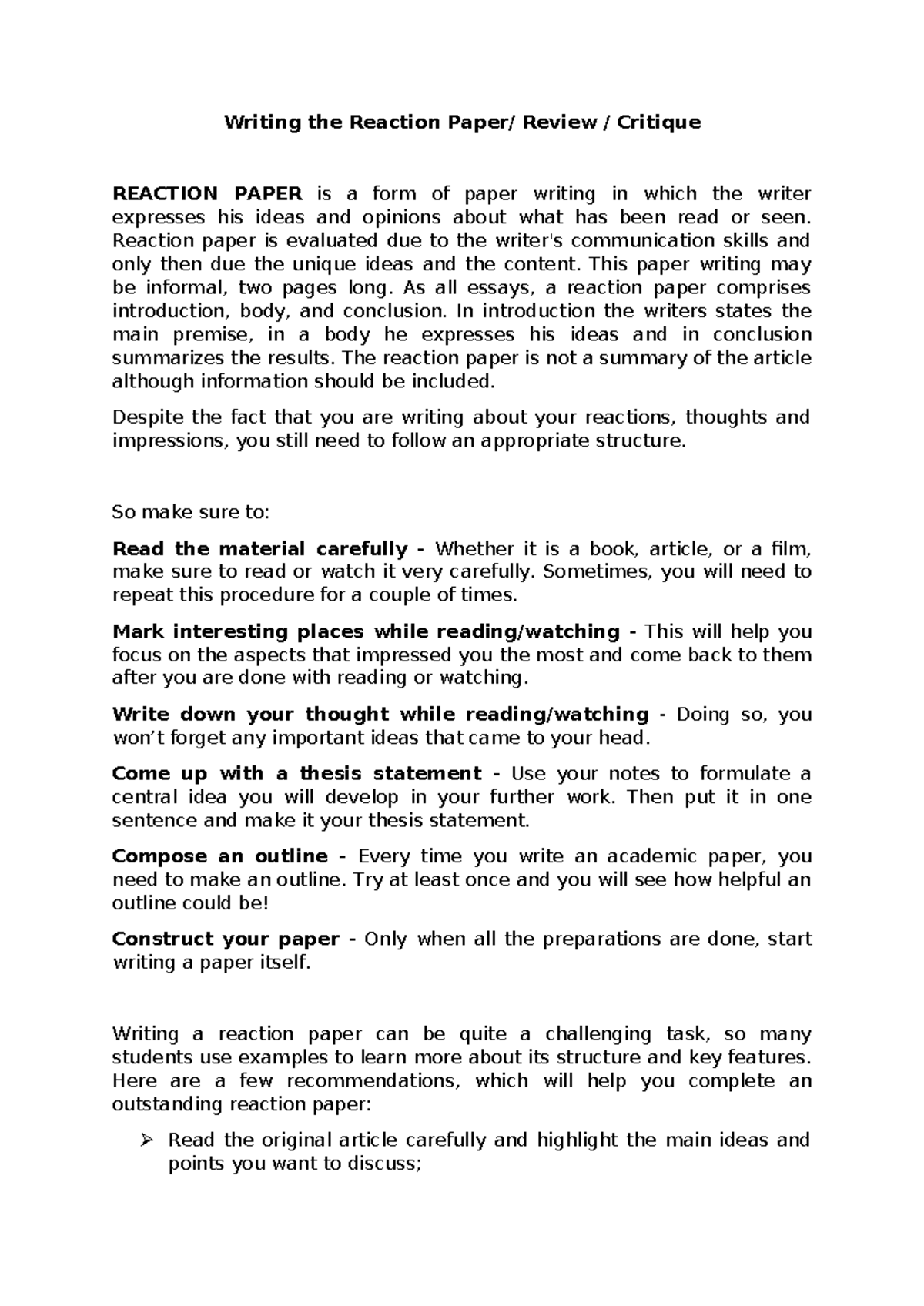 Q1 - Lecture 3: Crafting an Effective Reaction Paper - Studocu