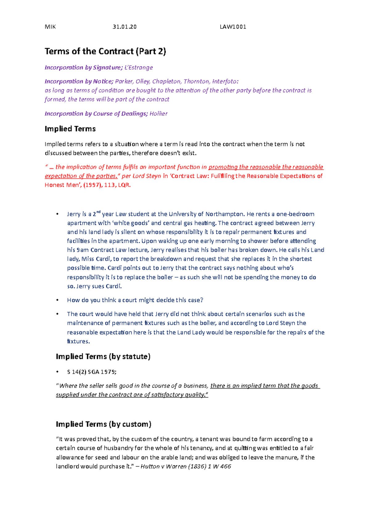 Wc. 27.01.20 terms of the contract 2 lecture - MIK 31.01 LAW Terms of ...