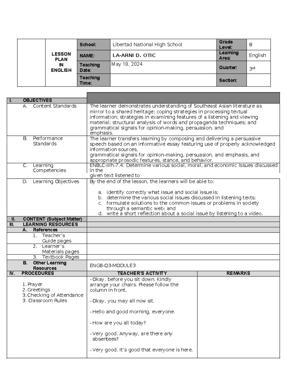 ENG8 Q3 M3 Issues 1 LP - It may help you - LESSON PLAN IN ENGLISH ...