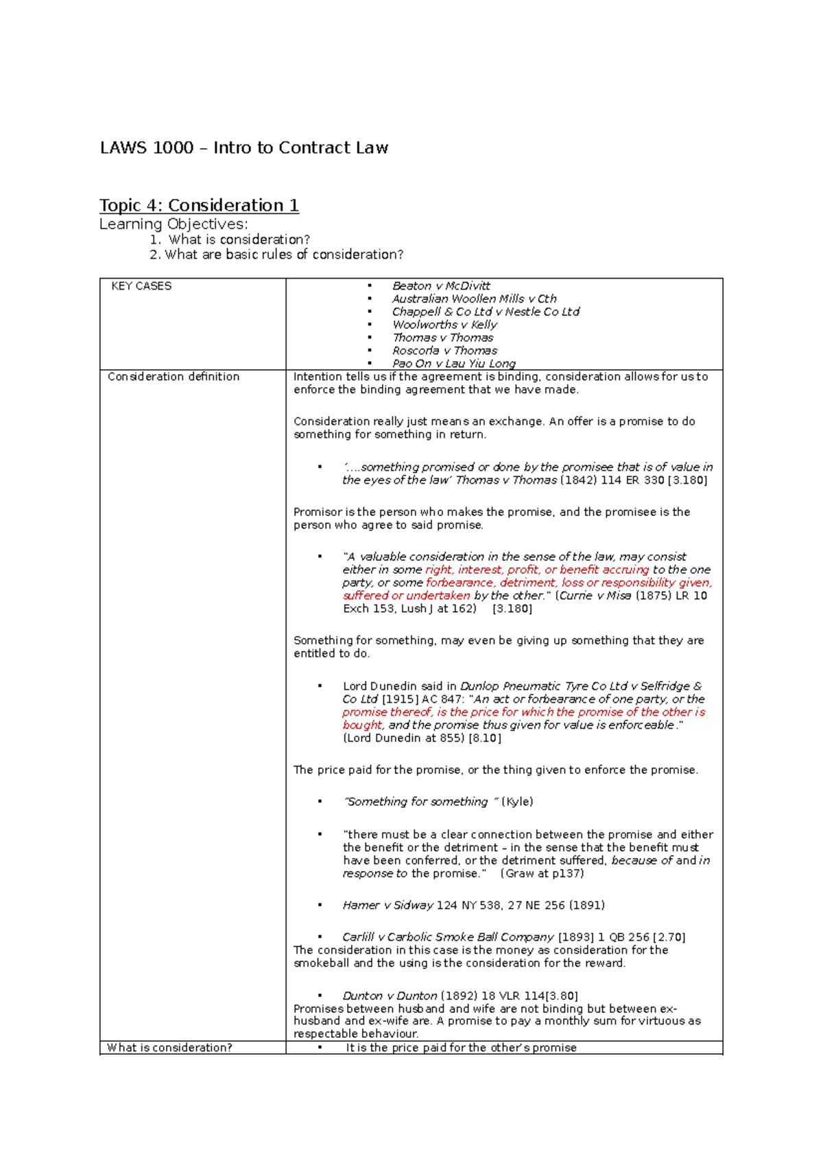LAWS Contract Law Lecture Notes: Topic 4 - Understanding Consideration ...