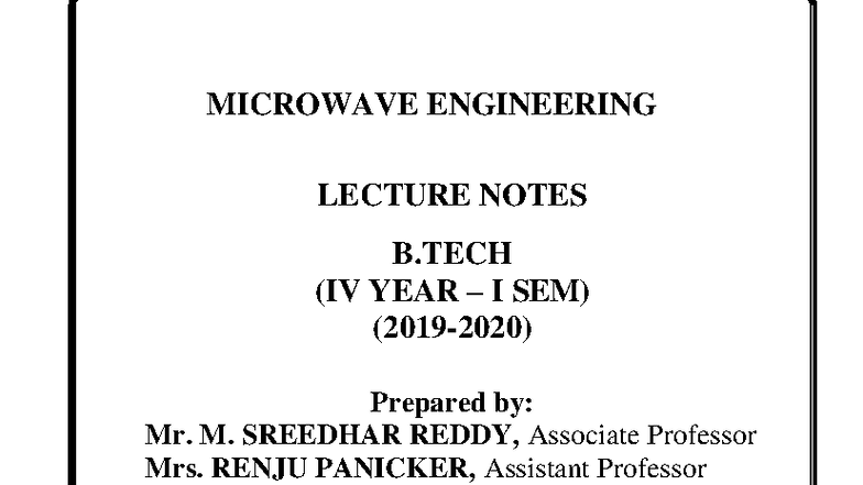 MICROWAVE ENGINEERING LECTURE NOTES (B.TECH IV YEAR I SEM) - Studocu
