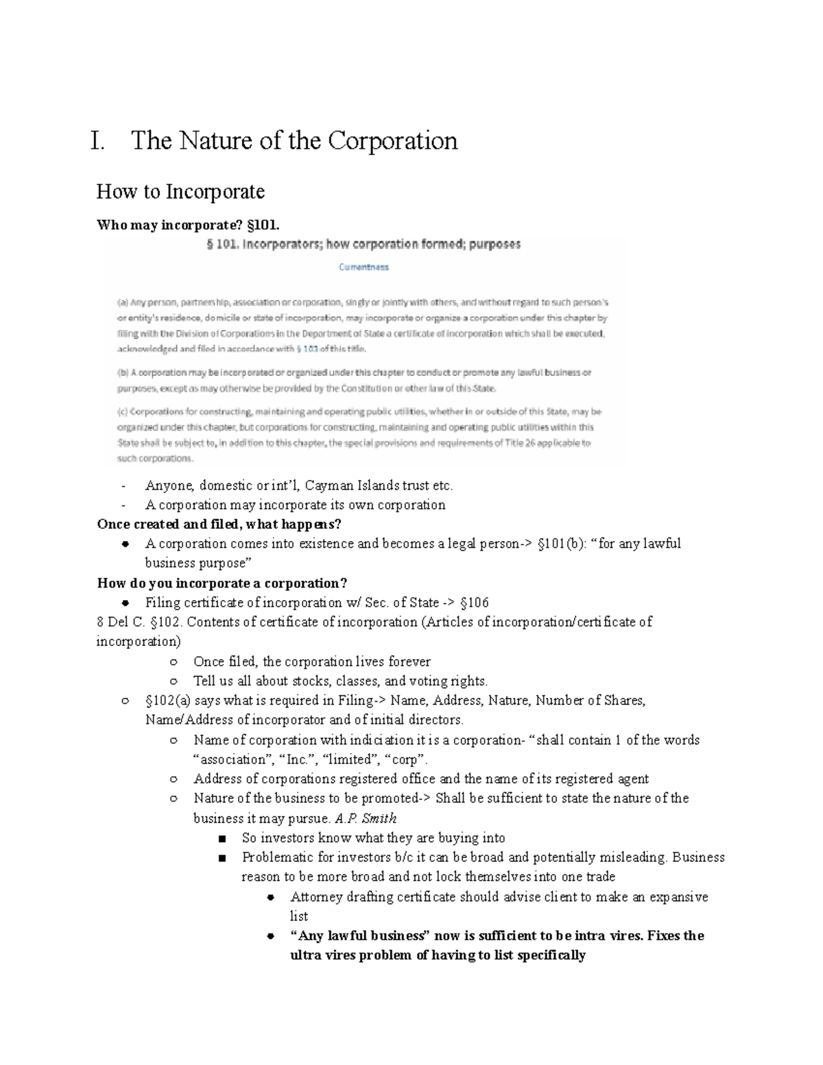Corporations Outline - Law School - I. The Nature of the Corporation ...