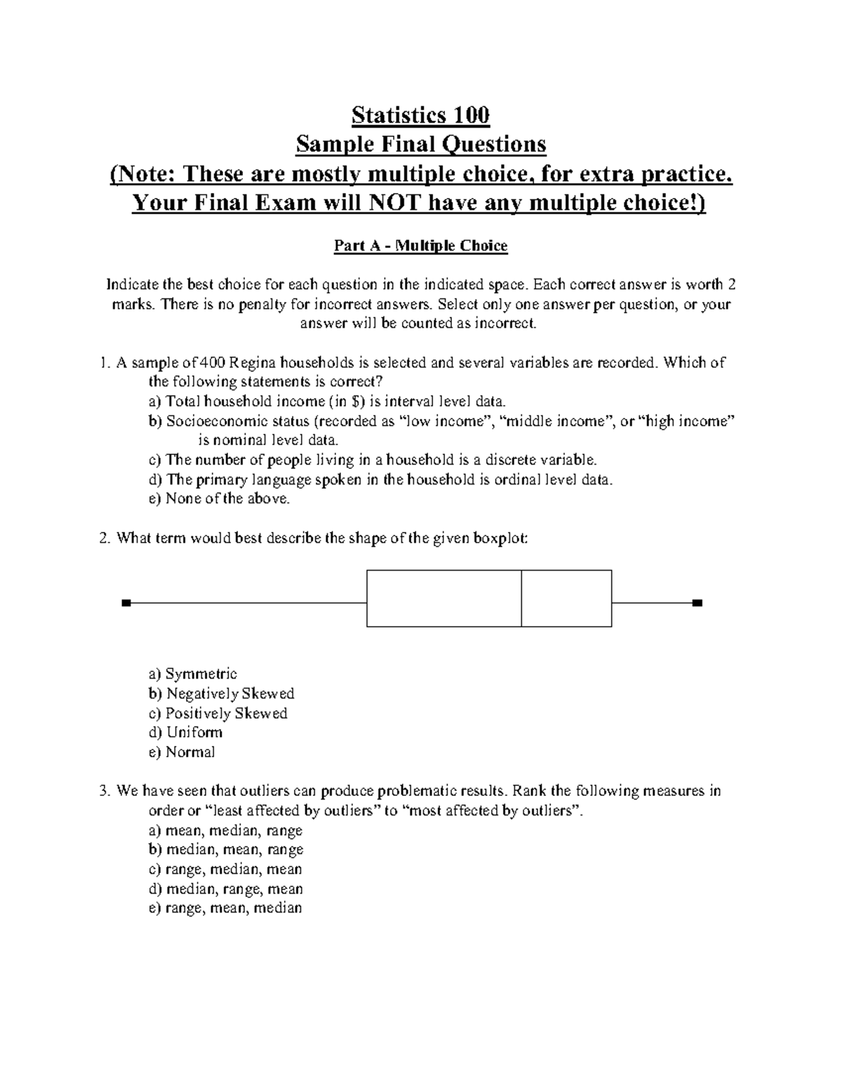 Statistics 100 - Sample Final Exam Practice Questions - Studocu