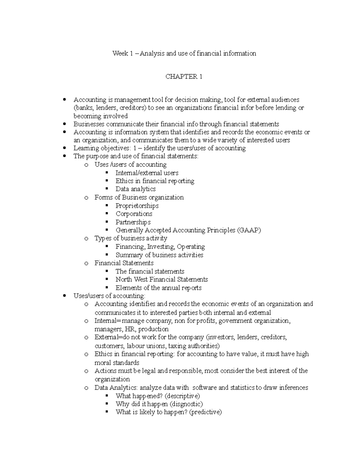 FINC 101: Week 1 Lecture Notes on Financial Information Analysis - Studocu