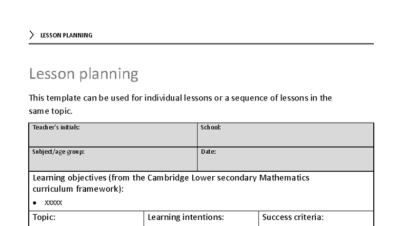 Cambridge Lower Secondary Math Stage 9 Lesson Plan Template - Studocu