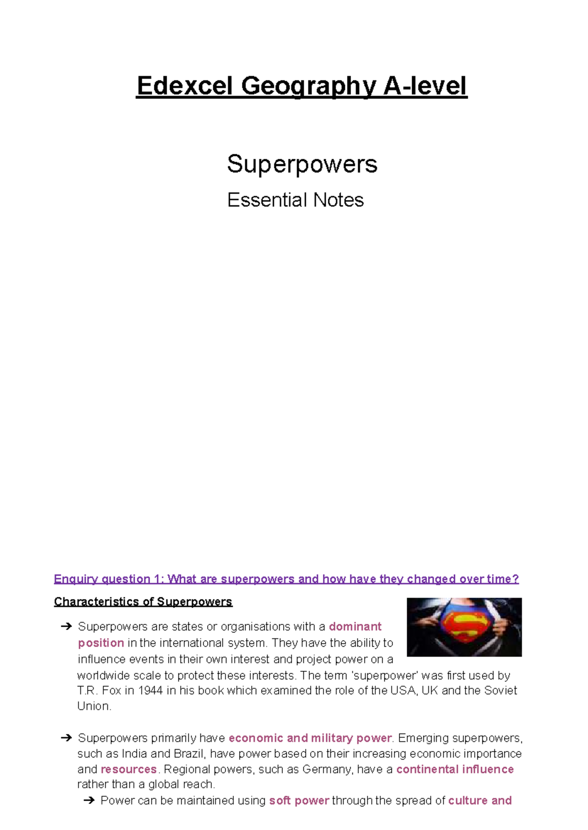 Essential Notes on Superpowers - Edexcel Geography A-Level - Studocu