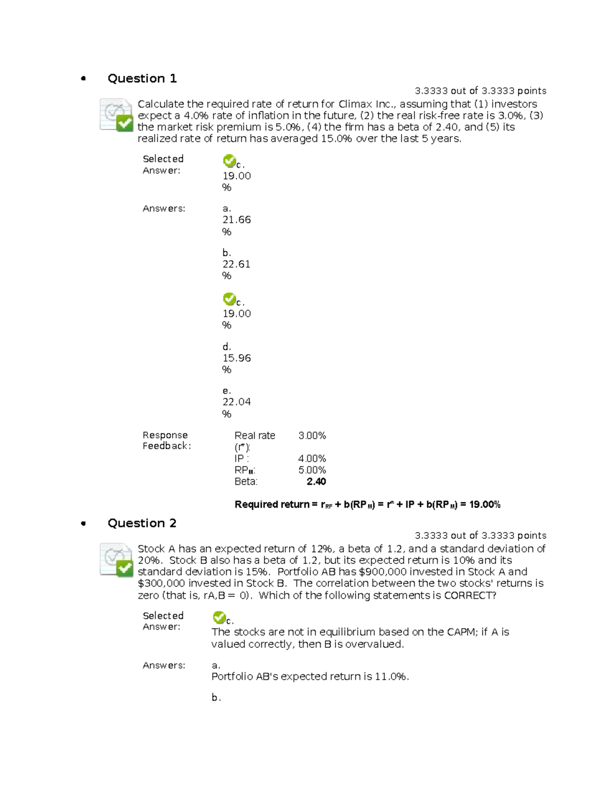 Practice - Risk and Returns - Question 1 3 out of 3 points Calculate ...