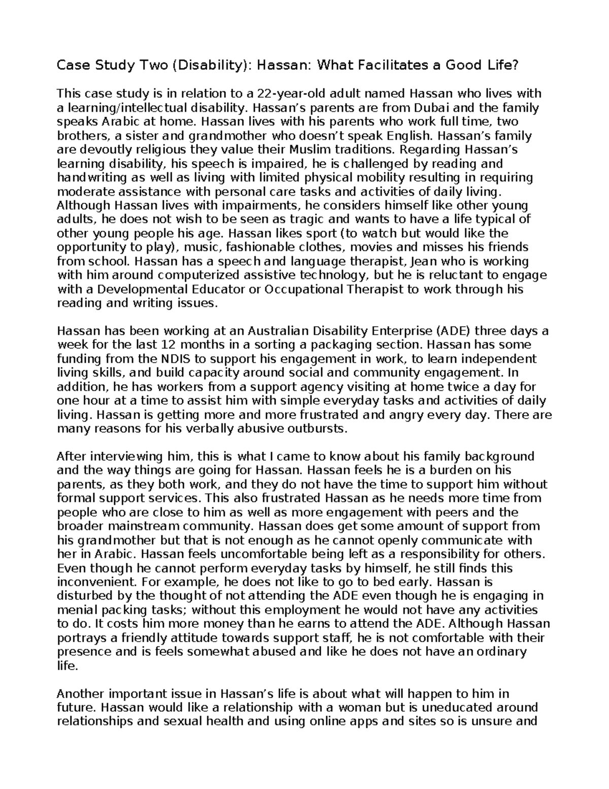 Hassan Case Study: Navigating Life with Learning Disabilities - Studocu