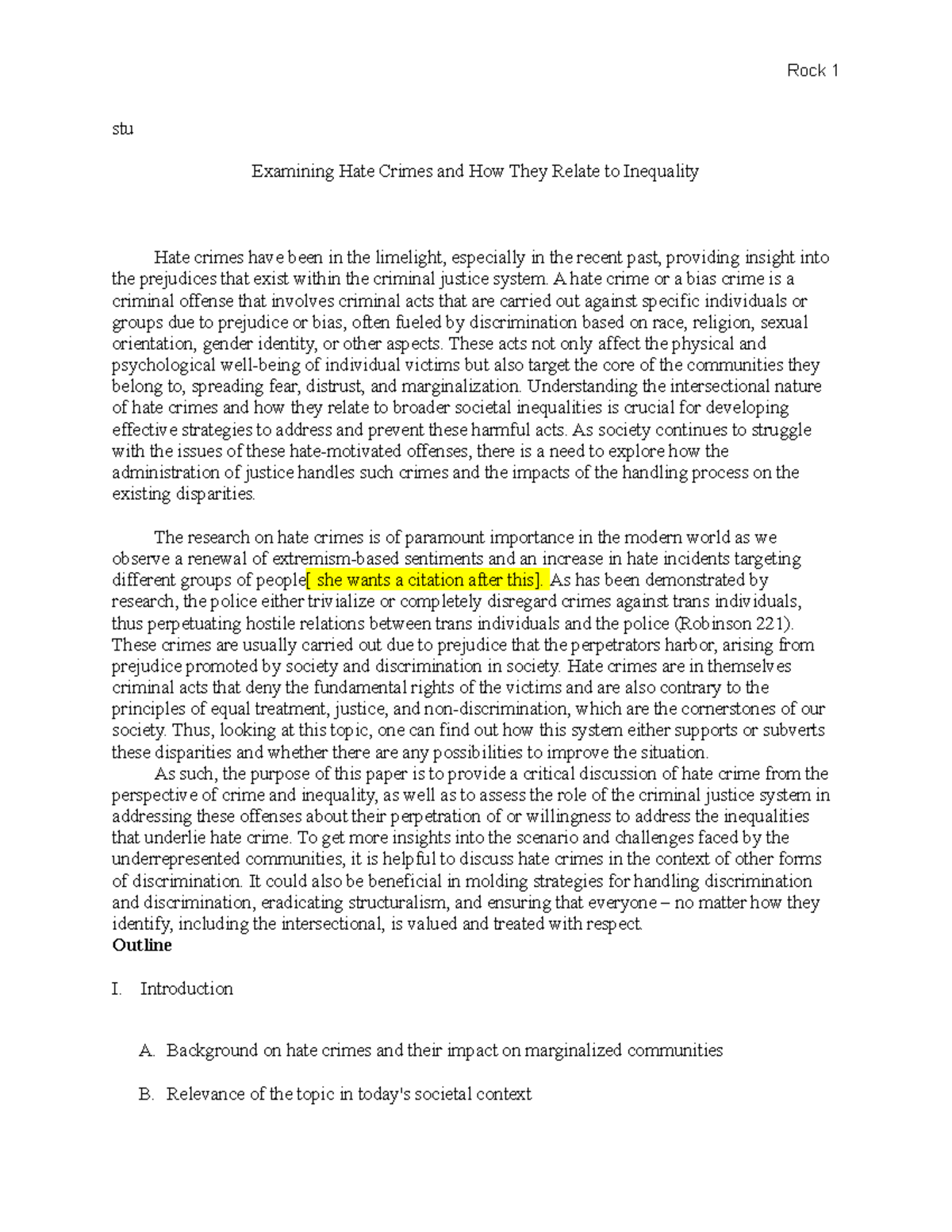 Rock 1 Stu: Examining Hate Crimes & Inequality in Justice System - Studocu